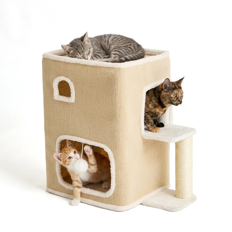 Relaxdays 2-storey cat house, cat den with ball & scratching post, beige