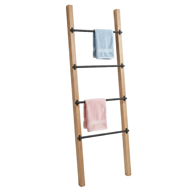 Relaxdays Towel Ladder, 4 rungs, HxW: 160 x 55.5 cm, pine & metal, natural/black