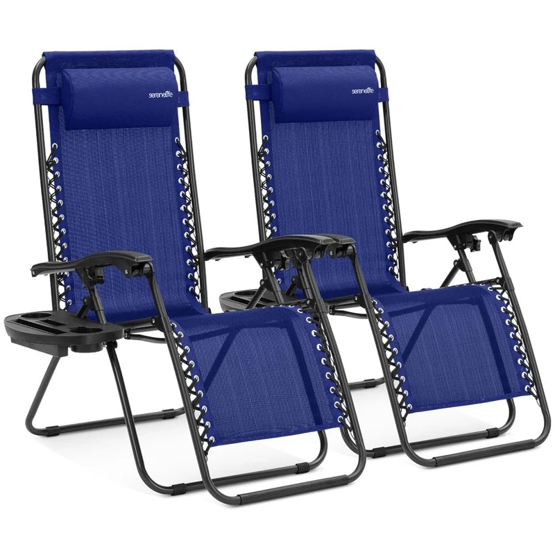 SereneLife Zero Gravity Lounge Chair, Adjustable Steel Mesh Recliners, with Removable Headrest and Cup Holder Trays, Side Tables, Set of 2, Blue