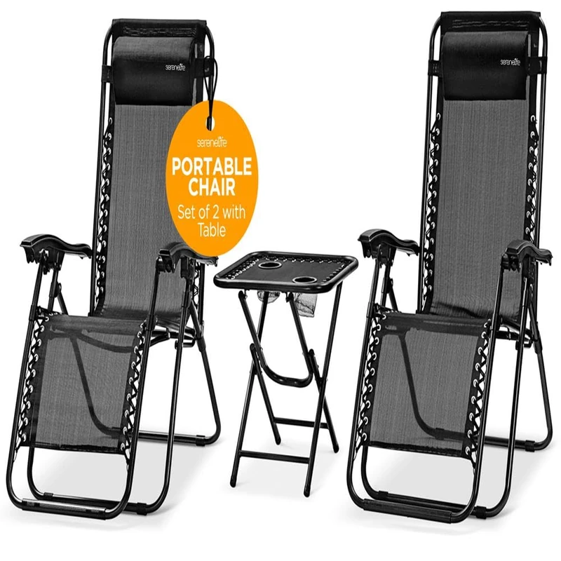 SereneLife Zero Gravity Lounge Chair - Set of 2 Adjustable Recliners with Removable Padded Headrest Pillows, Cup Holders, Breathable Mesh Fabric, Lightweight and Foldable, Black