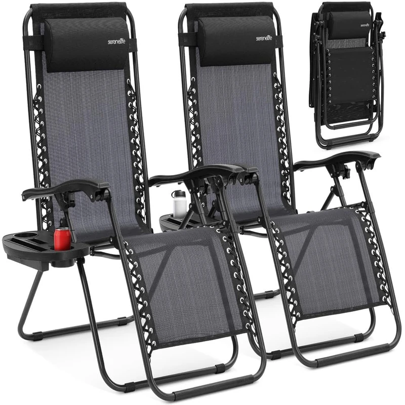 SereneLife Zero Gravity Lounge Chair, Adjustable Steel Mesh Recliners, with Removable Pillows and Cup Holder Trays, Side Tables, Set of 2, Black