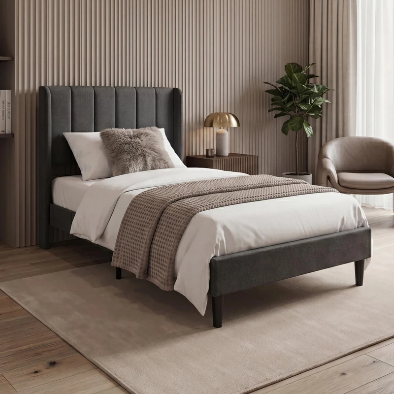 Vida Designs Vianna Single Fabric Bed Frame with Mattress | Dark Grey Linen | 104H x 98.5W x 198D cm | Soft Cushioned Headboard | Underbed Storage | Slatted Base | Minimalist Style