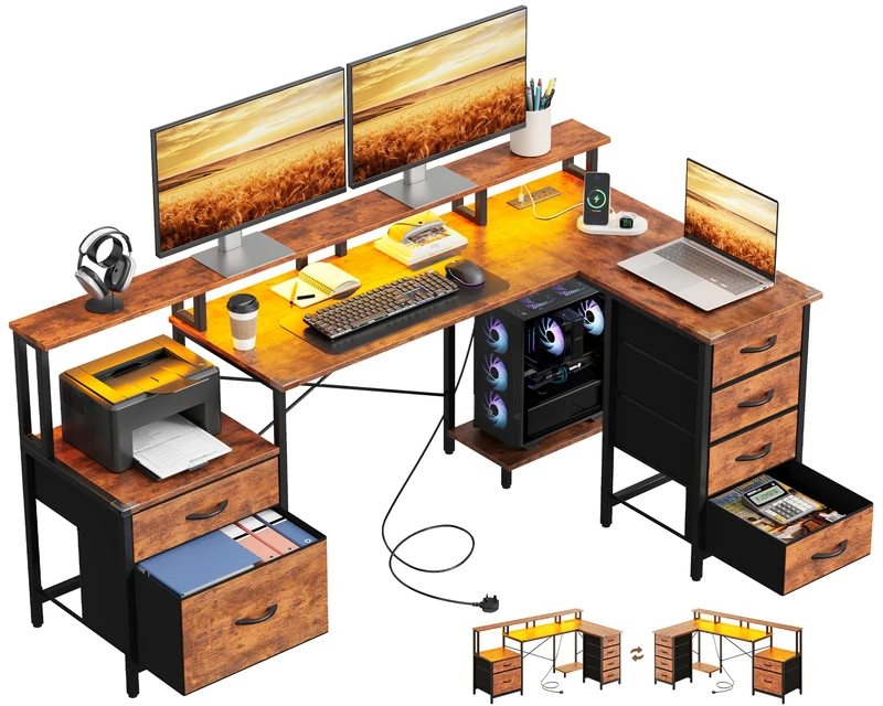 IRONCK Corner Desk with Drawers, 189×100cm Gaming Desk, LED & Power Outlets