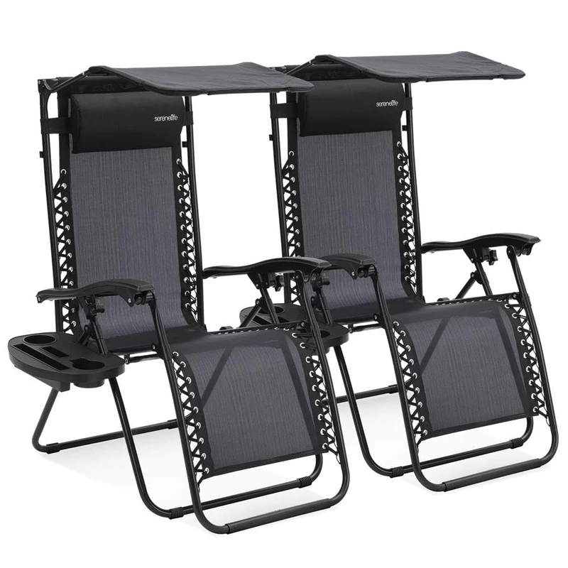 SereneLife Zero Gravity Lounge Chair, Adjustable Steel Mesh Recliners, with Canopy, Removable Pillows and Cup Holder Side Tables, Set of 2, Black