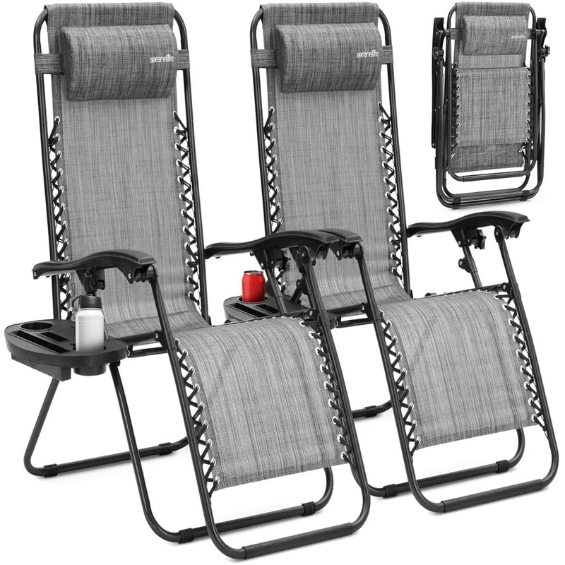 SereneLife Zero Gravity Lounge Chair, Adjustable Steel Mesh Recliners, with Removable Pillows and Cup Holder Trays, Side Tables, Set of 2, Gray