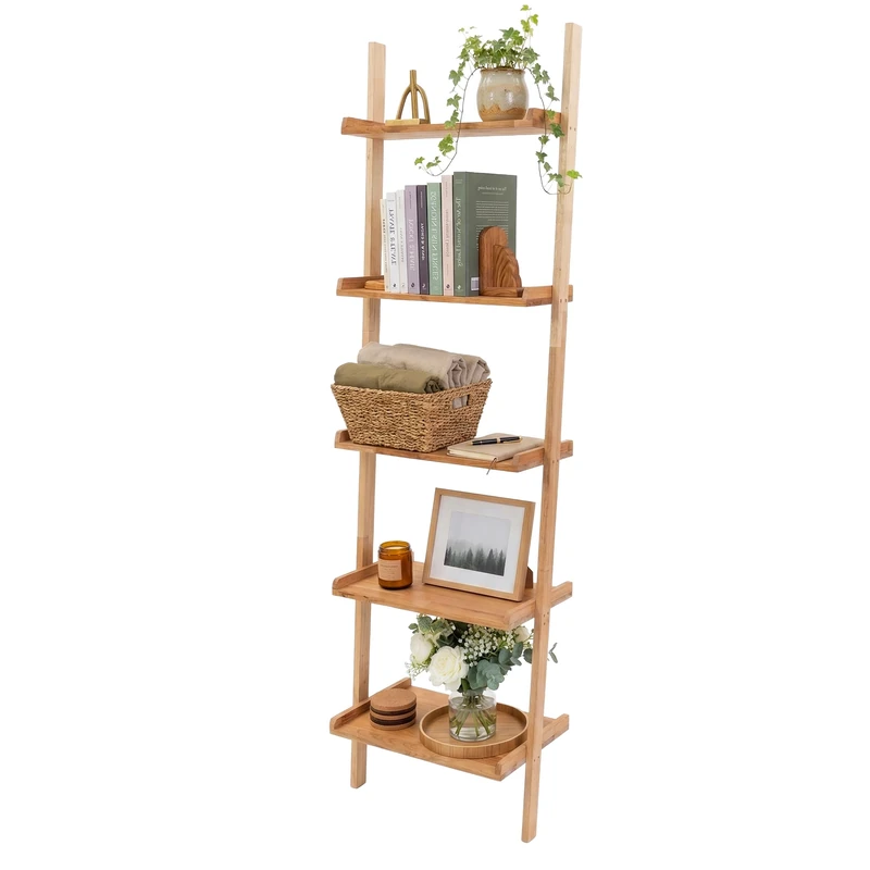 Relaxdays Walnut Wood Leaning Ladder Shelf, 5 shelves, bathroom, natural