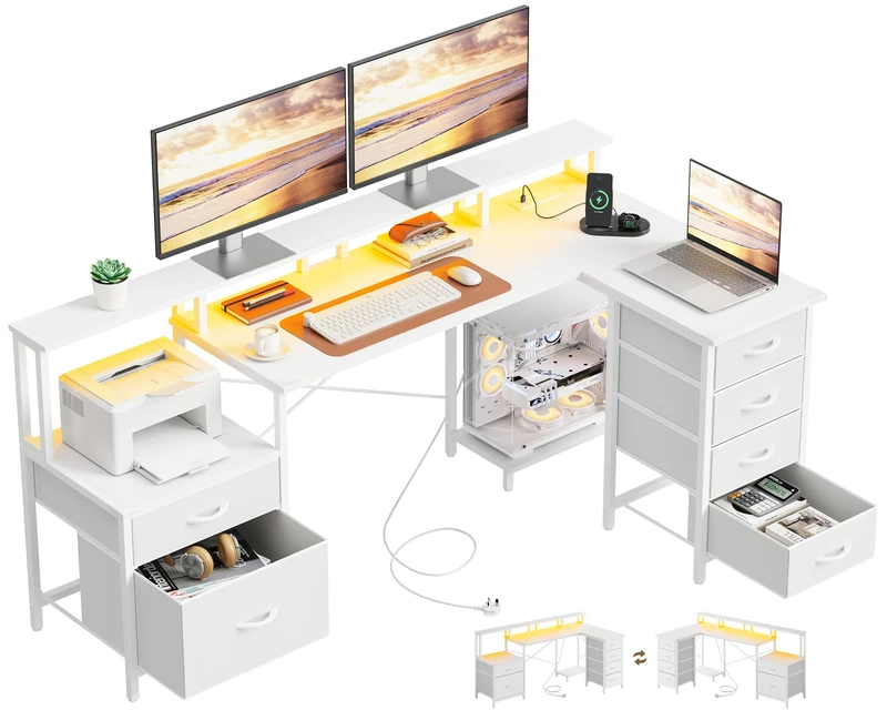 IRONCK Corner Desk with Drawers 189×100cm Computer Desk LED & Power Outlets