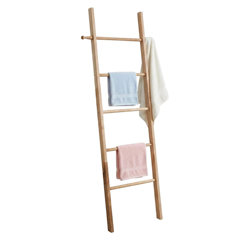 Relaxdays towel ladder, 5 rungs, H x W: 170 x 43 cm, walnut, towels, bathroom, natural