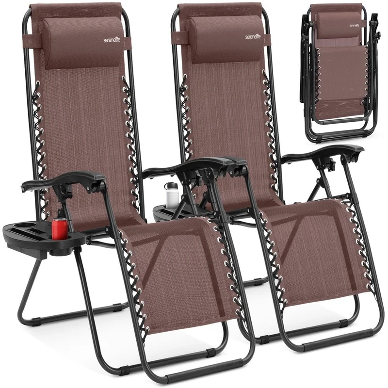 SereneLife Zero Gravity Lounge Chair, Adjustable Steel Mesh Recliners, with Removable Pillows and Cup Holder Trays, Side Tables, Set of 2, Brown