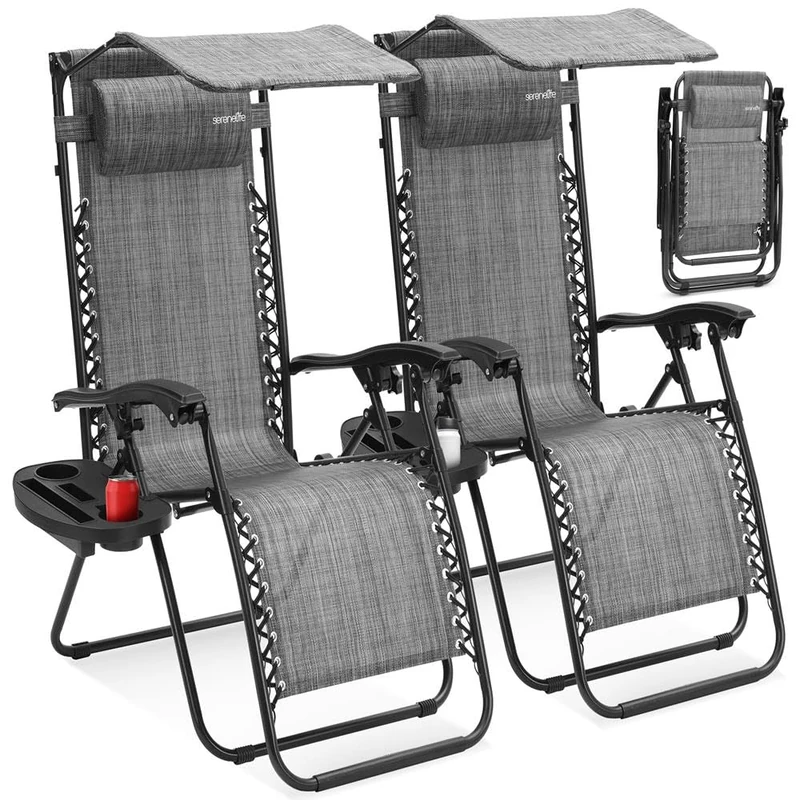 SereneLife Zero Gravity Lounge Chair, Adjustable Steel Mesh Recliners, with Canopy, Removable Pillows and Cup Holder Side Tables, Set of 2, Gray