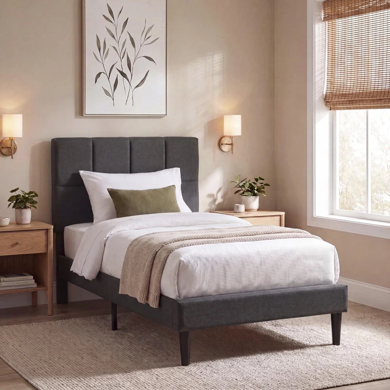 Vida Designs Velmora Single Fabric Bed Frame | Dark Grey Linen | 101-110H x 97.5W x 195.5D cm | Soft Cushioned & Adjustable Headboard | Underbed Storage | Slatted Base | Minimalist Style