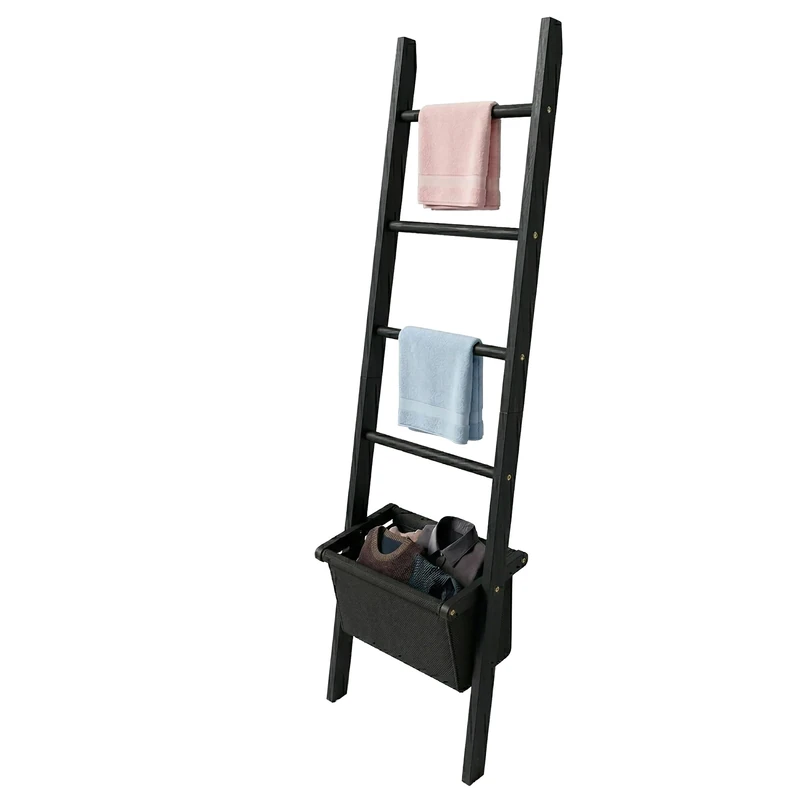 Relaxdays towel ladder, 4 rungs, fabric basket, HxW: 170 x 50 cm, walnut, bathroom, black