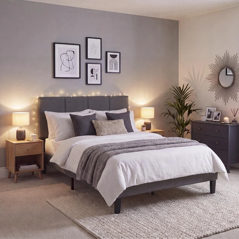 Vida Designs Velmora Double Fabric Bed Frame | Dark Grey Linen | 101-110H x 143.5W x 195.5D cm | Soft Cushioned & Adjustable Headboard | Underbed Storage | Slatted Base | Minimalist Style