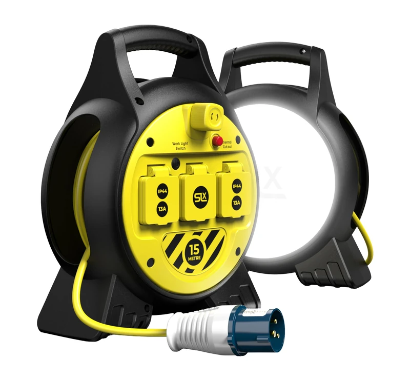 SLx 15m Cable Reel with Built-in LED Worklight, 2000 Lumen, 16A Commando Plug, 3 IP44 13A Sockets, Heavy Duty Extension Reel for Camping, Caravan, Motorhome, Workshop & Construction