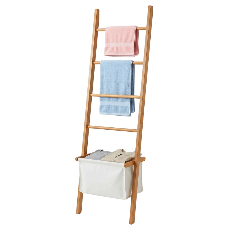 Relaxdays Towel Ladder, 4 rungs, laundry basket, HxW: 170 x 50 cm, walnut wood, bathroom, natural/beige