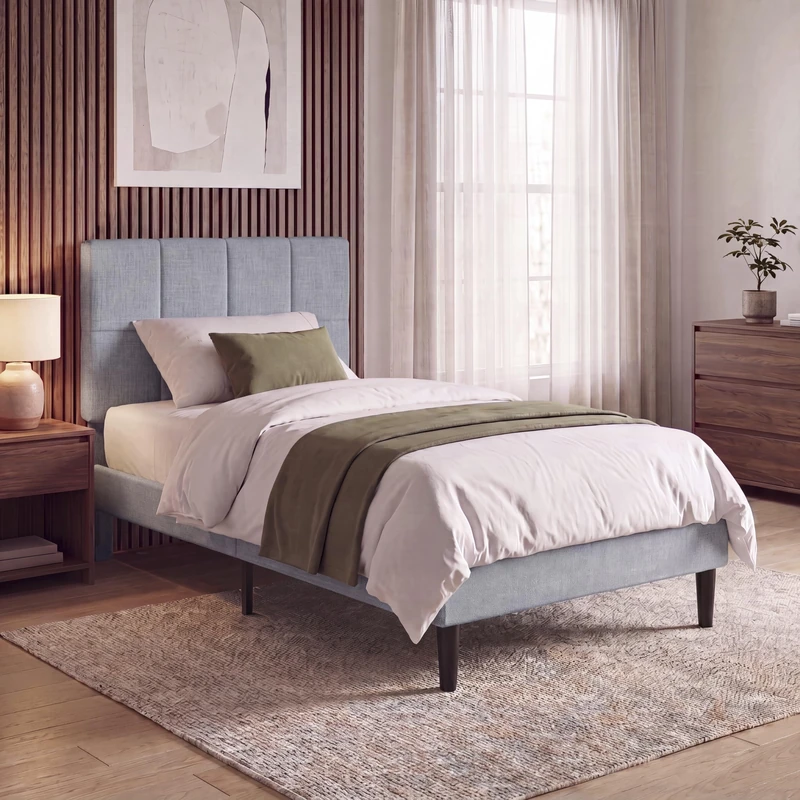 Vida Designs Velmora Single Fabric Bed Frame | Light Grey Linen | 101-110H x 97.5W x 195.5D cm | Soft Cushioned & Adjustable Headboard | Underbed Storage | Slatted Base | Minimalist Style