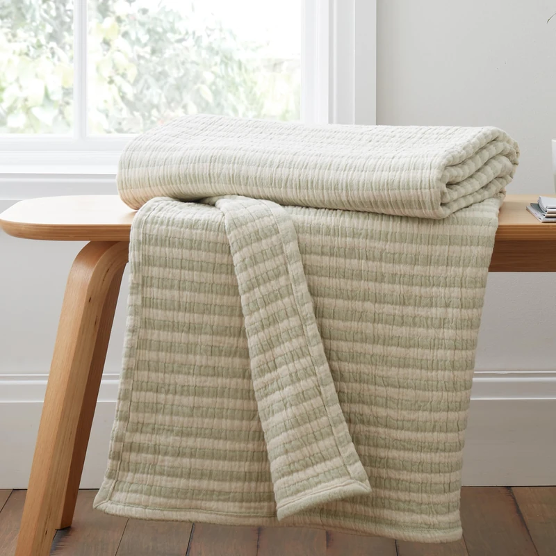 Bianca Fine Linens Cotton Muslin Stripe 150x200cm Blanket Throw Green