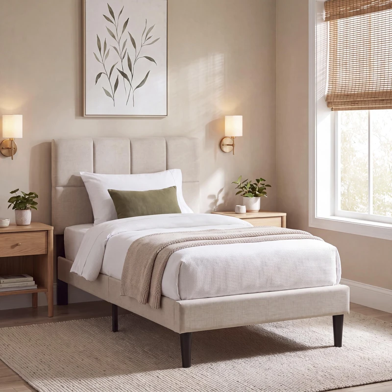 Vida Designs Velmora Single Fabric Bed Frame | Beige Linen | 101-110H x 97.5W x 195.5D cm | Soft Cushioned & Adjustable Headboard | Underbed Storage | Slatted Base | Minimalist Style