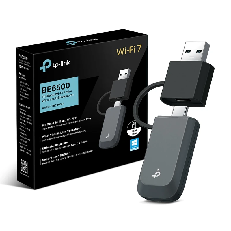 TP-Link Archer TBE400U BE6500 WiFi Dongle, WiFi 7 Tri-Band USB WiFi Adapter for PC, Dual USB-C & USB-A, MLO, USB 3.0 Fast Data Transfer, WPA3 Security, Plug & Play, Windows 11/10
