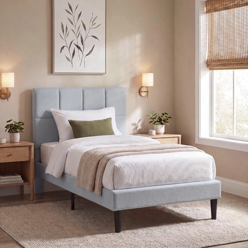Vida Designs Velmora Single Fabric Bed Frame with Mattress | Light Grey Linen | 101-110H x 97.5W x 195.5D cm | Cushioned & Adjustable Headboard | Underbed Storage | Slatted Base | Minimalist Style