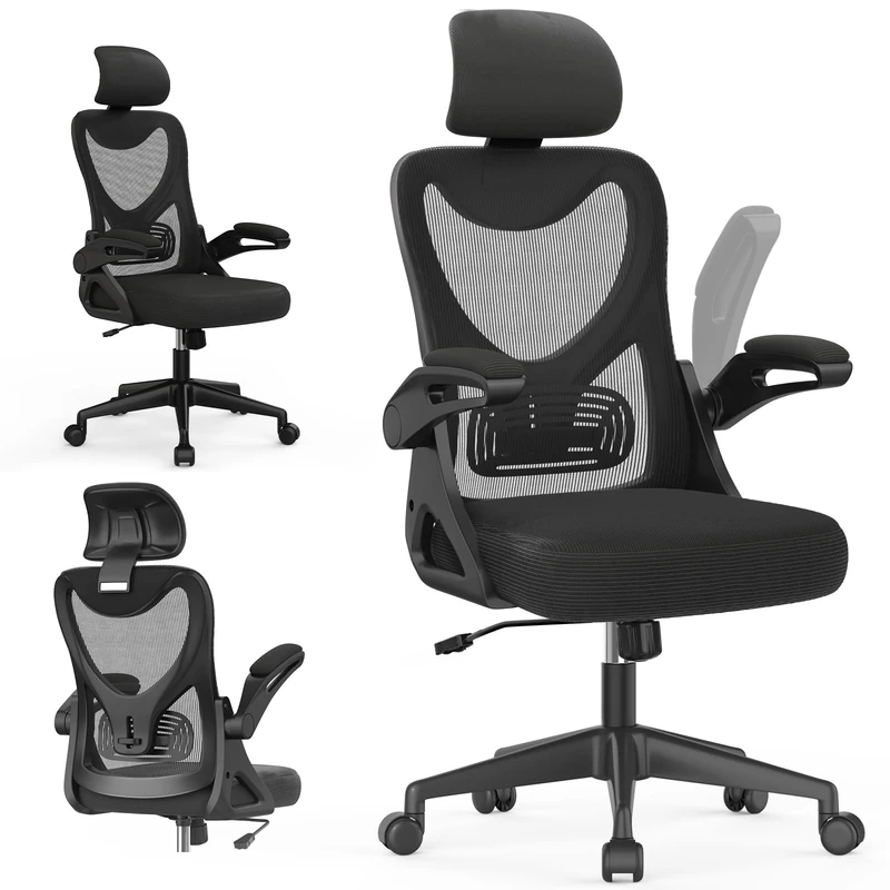 Neezee Office Chair - Ergonomic Desk Chair Breathable Mesh Chair with Adjustable Lumbar Support Headrest, Padded Flip-up Armrests High Back Computer Gaming Chair For Home Office