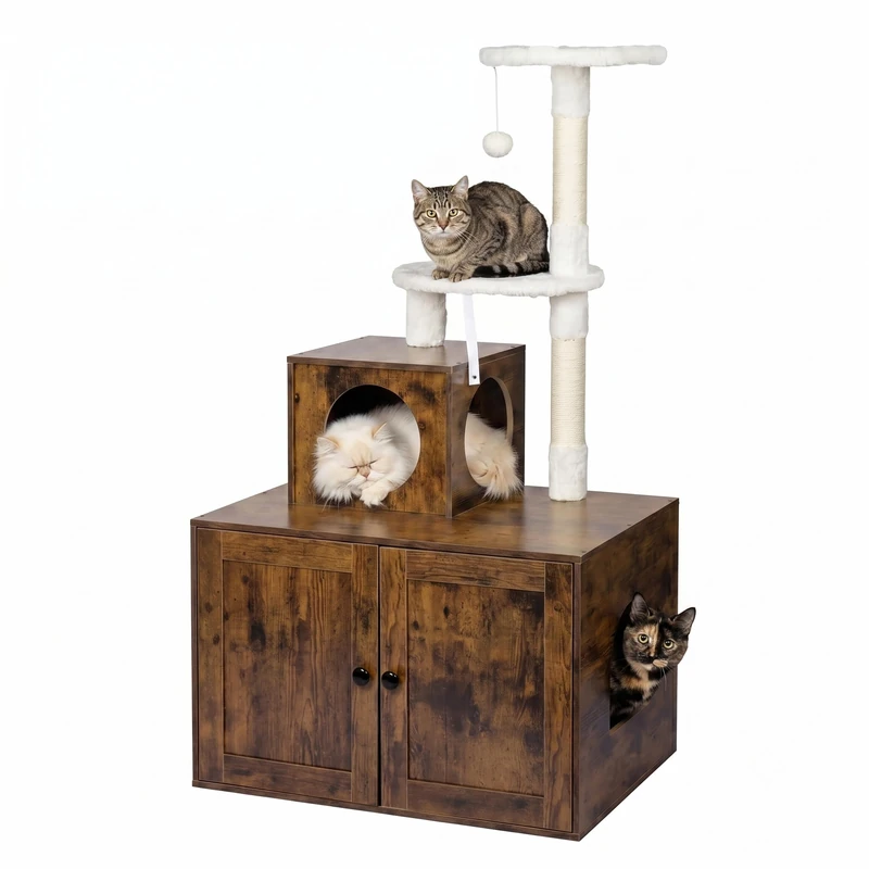 Relaxdays Cat Tree with Litter Box Cabinet, HWD 133x78x49 cm, dark brown