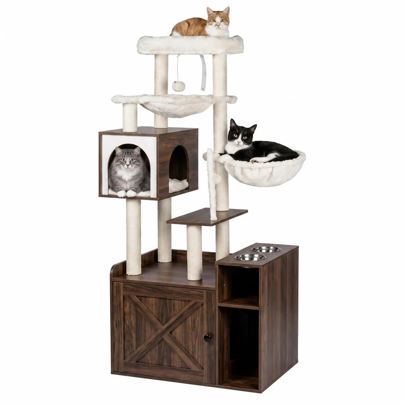 Relaxdays Cat Tree with Litter Cabinet & Feeder, wood-effect brown