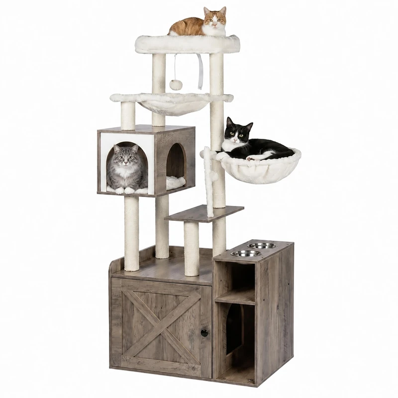 Relaxdays Cat Tree with Litterbox Cabinet & Feeding Station, light brown