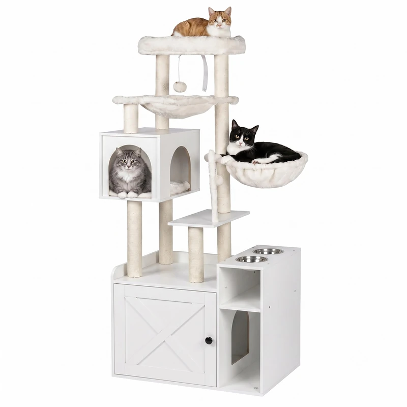 Relaxdays Cat Tree with Litter Cabinet & Feeding Station, white