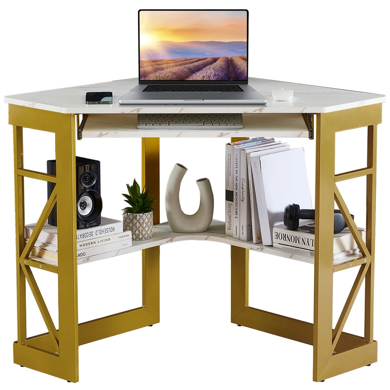 VECELO Corner Computer Desk, Triangle Study Table Writing Workstation with Storage Shelves & Rolling Keyboard Tray for Home Office Bedroom, Gold