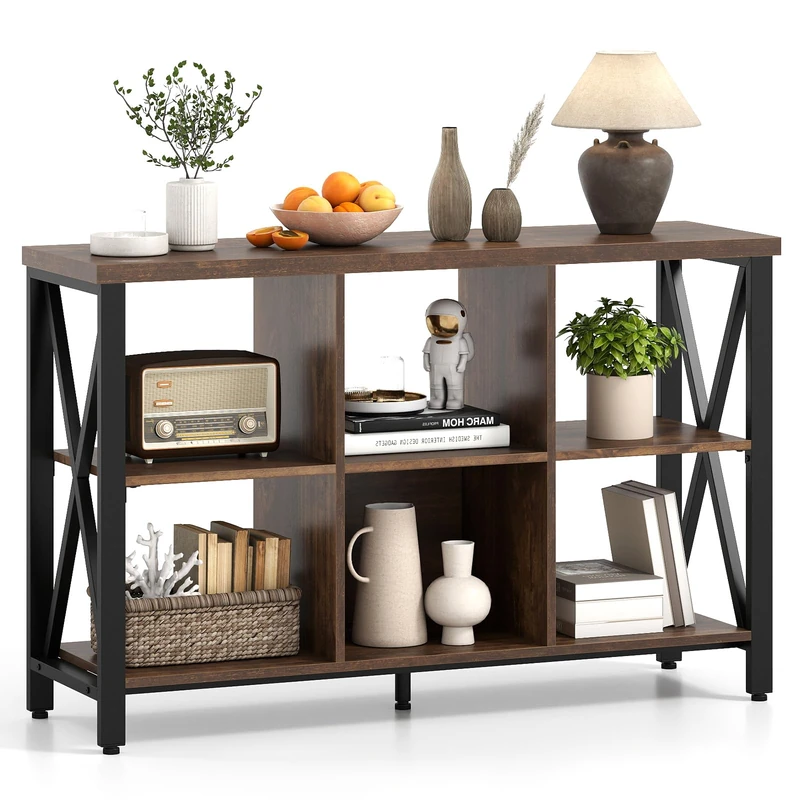 SFAREST 6 Cube Storage Bookcase, 120cm Wide Bookshelf (Rustic Brown)