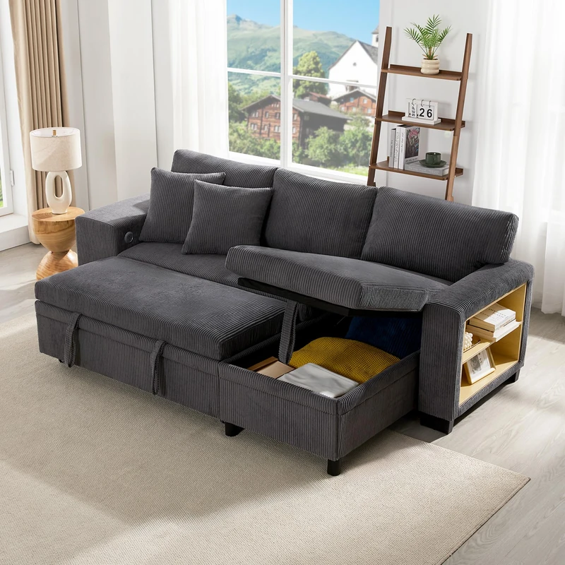Ball & Cast L‑Shaped Multi‑Functional Convertible Corner Sofa Bed with pull‑out design, 2 pillows & 2 ottomans, USB & Type‑C ports, Grey