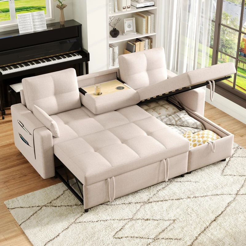Ball & Cast L‑Shaped Convertible Corner Sofa Bed with Pull‑Out Sleeper, Reversible Chaise, Storage Compartment & Drop‑Down Cup Holder, Linen Fabric Sofa with 2 Cushions, for Living Room/Bedroom, Beige