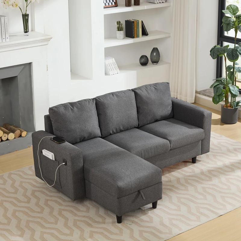 Ball & Cast L Shaped Sofa with LED Light Strip, 3 Seater Sofas with Charging Ports and Side Pockets, Convertible Settee Chaise Lounge Sofa with Storage, Grey