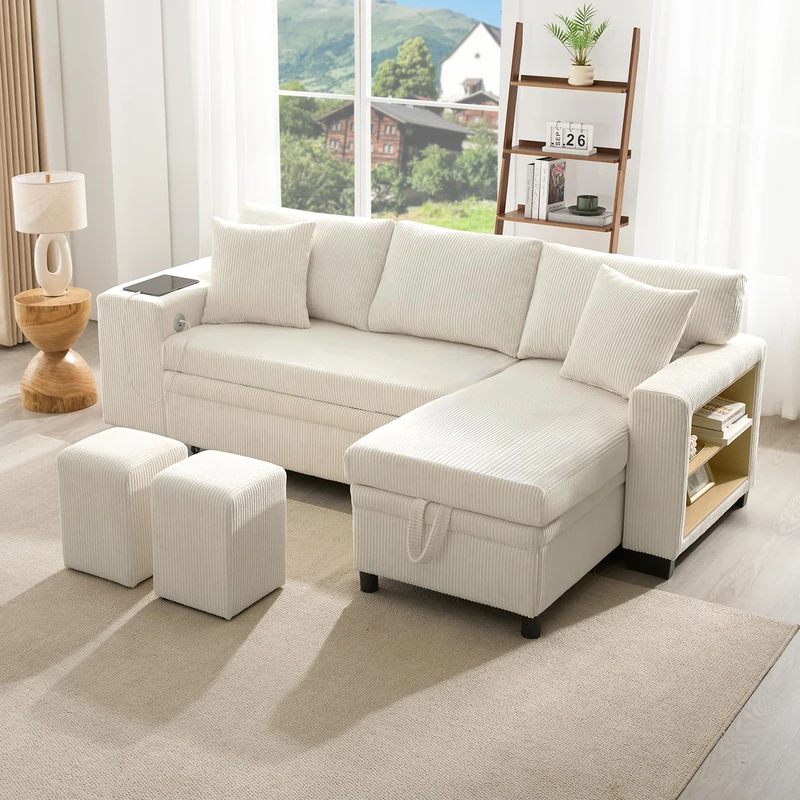 Ball & Cast L‑Shaped Multi‑Functional Convertible Corner Sofa Bed with pull‑out design, 2 pillows & 2 ottomans, USB & Type‑C ports, Beige