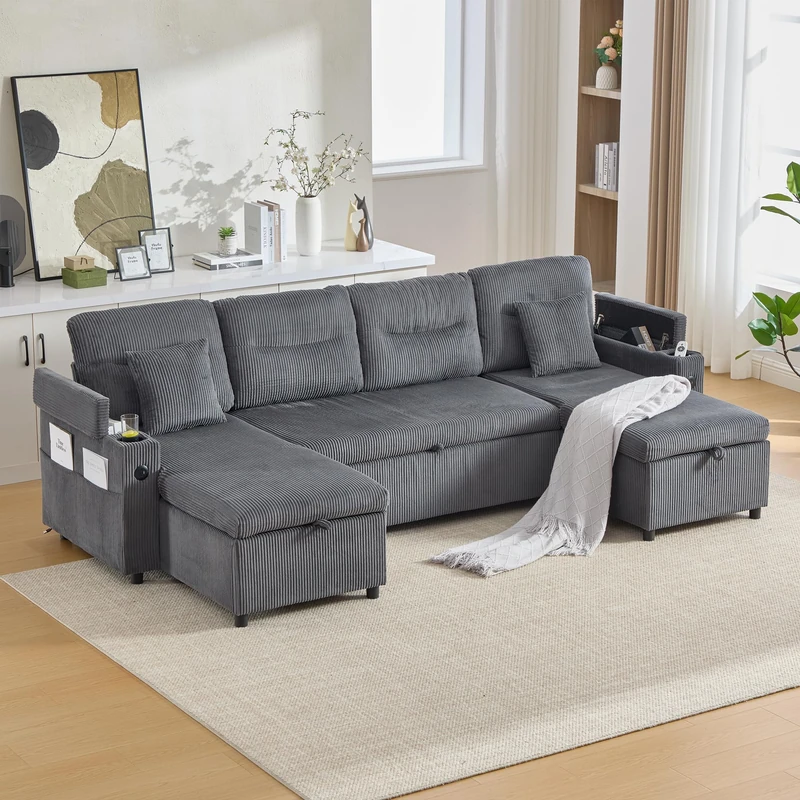 Ball & Cast Corner Sofa Bed, U-Shaped Convertible Sleeper Sectional Sofa Bed with Storage, Cup Holders and 2 Cushions, 4 Seater Corduroy Pull Out Couch Bed for Living Room, Charcoal Grey