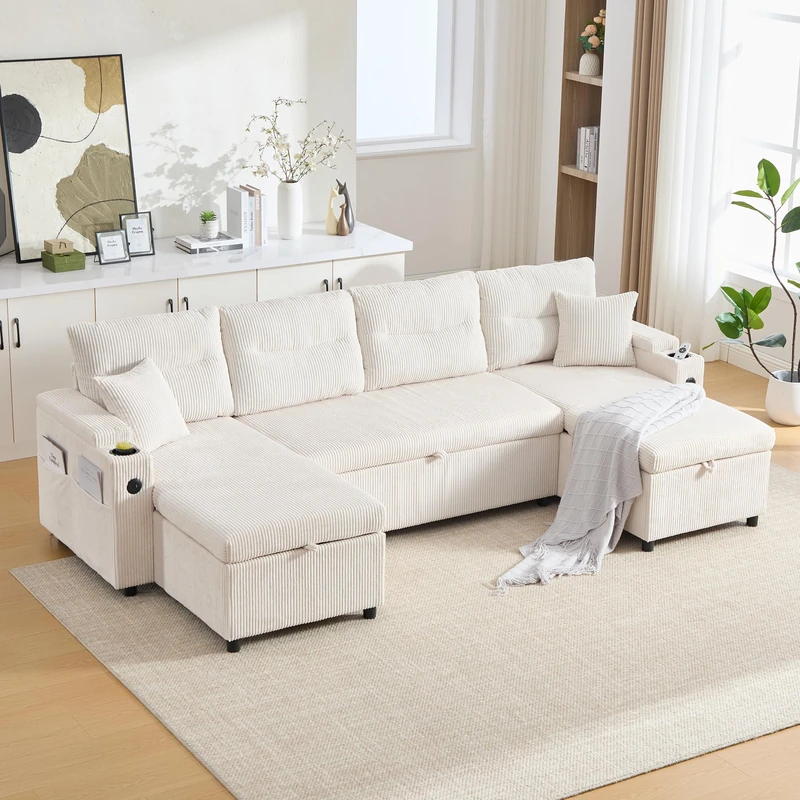 Ball & Cast Corner Sofa Bed, U-Shaped Convertible Sleeper Sectional Sofa Bed with Storage, USB & Type-C Ports, Cup Holders and 2 Cushions, 4 Seater Corduroy Pull Out Couch Bed for Living Room, Beige