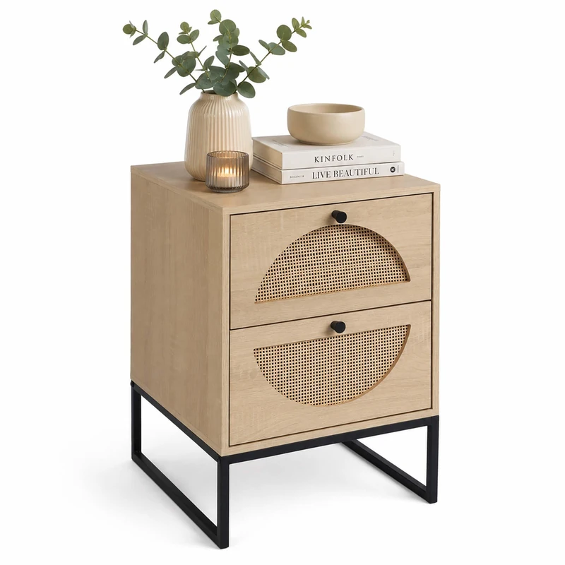 Relaxdays bedside table, rattan-effect, 2 drawers, natural/black