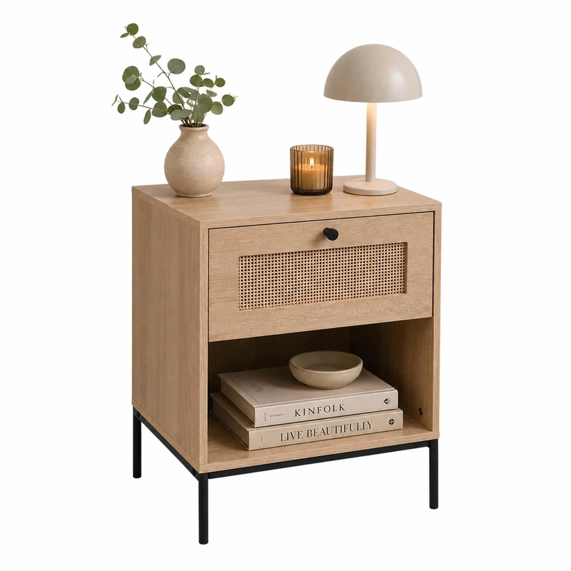 Relaxdays bedside table, rattan-effect drawer, open shelf, natural/black