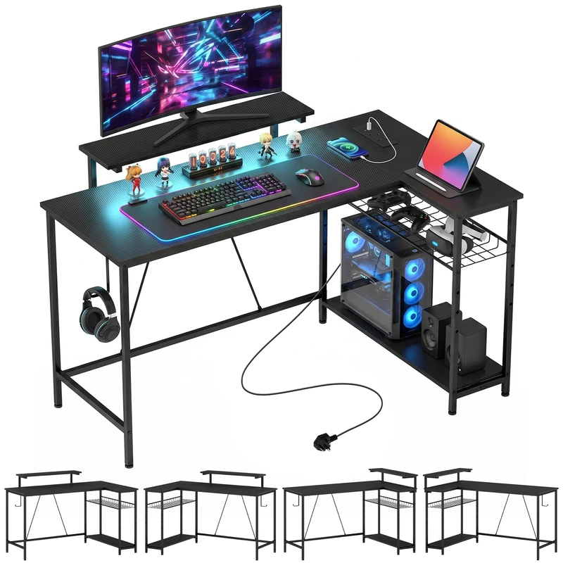 HOMCOM L Shaped Gaming Desk LED Lights Power Outlet 132cm, Black