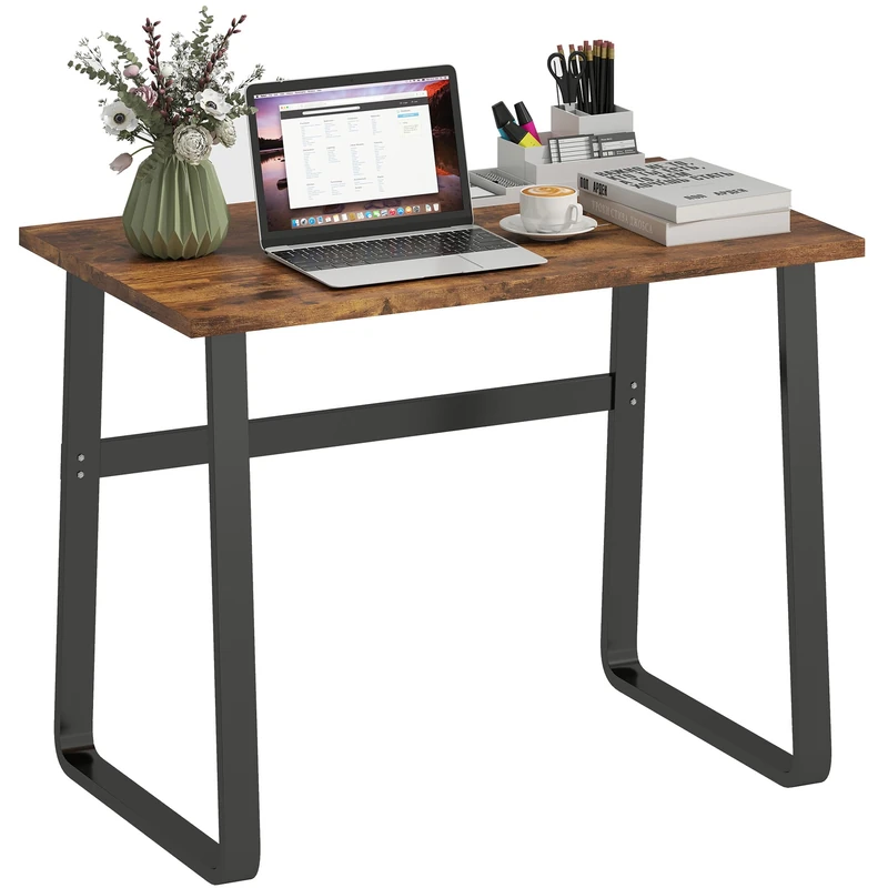 HOMCOM Computer Desk, Writing Desk with Steel Frame, Rustic Brown and Black