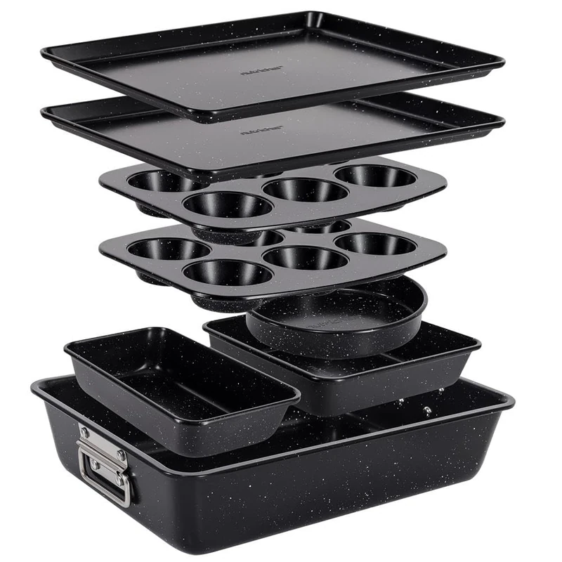 NutriChef 8-Piece Stackable Bakeware Set - Carbon Steel Non-Stick Baking Pan Set, Sheet, Muffin, Round, Loaf, Square Cake & Deep Pans, 450°F Heat Resistant, Standard & Convection Ovens (Black Marble)