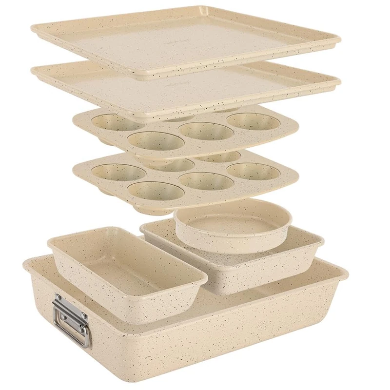 NutriChef 8-Piece Stackable Bakeware Set - Carbon Steel Non-Stick Baking Pan Set, Sheet, Muffin, Round, Loaf, Square Cake & Deep Pans, 450°F Heat Resistant, Standard & Convection Ovens (Marble Cream)