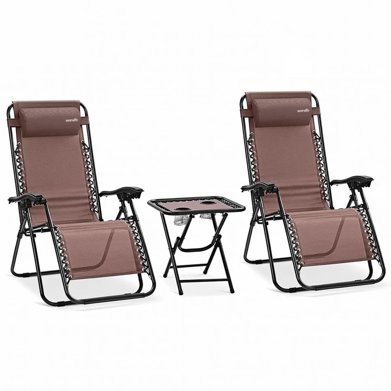 SereneLife Zero Gravity Lounge Chair, Adjustable Steel Mesh Recliners, with Removable Pillows and Cup Holder Trays, Side Tables, Set of 2, Brown