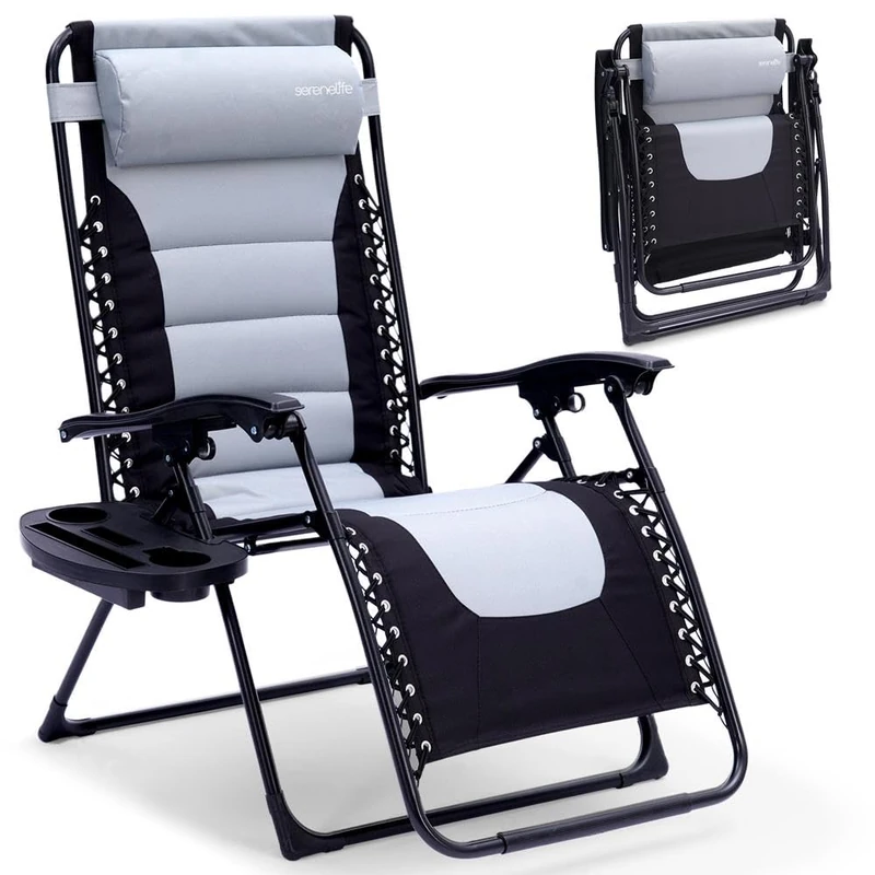 SereneLife Foldable Outdoor Zero Gravity Padded Lawn Chair, Adjustable Steel Mesh Recliners, w/Removable Pillows and Cup Holder Side Tables, Gray and Black