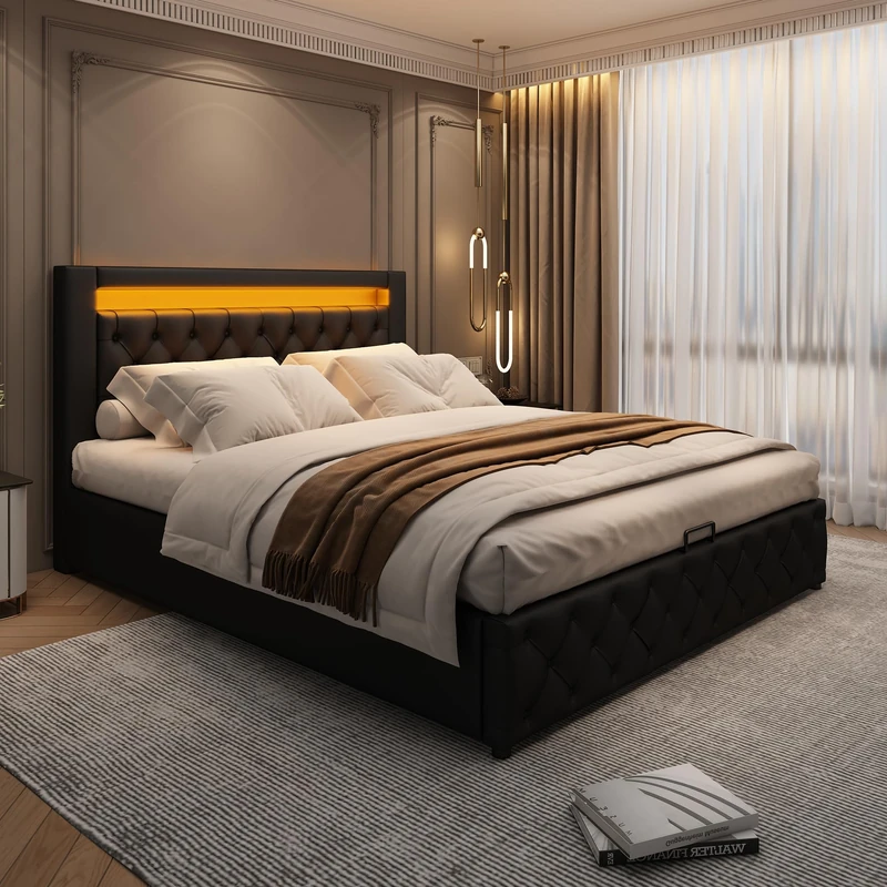 Ball & Cast 4ft6 Upholstered Double Bed Frame with Storage and 7colors LED Light Strips, Hydraulic Ottoman Bed Double 135x190 cm with Button Tufted Headboard, Velvet, Black, No Mattress