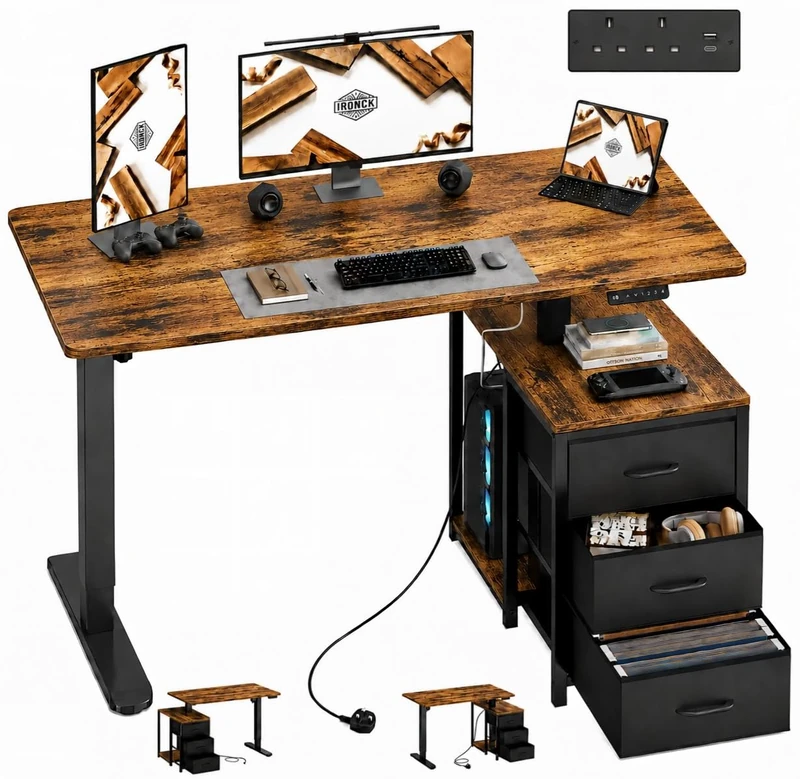 IRONCK Electric Standing Desk 120x60cm with Power Outlet & 3 Drawers,Brown