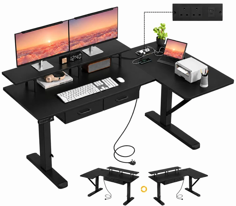 IRONCK L Shaped Electric Standing Desk with Power Outlets, USB-C, 150x90cm