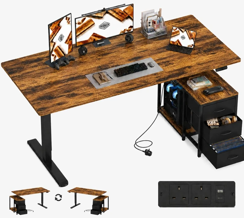 IRONCK Electric Standing Desk 160x80cm with Power Outlet & 3 Drawers,Brown