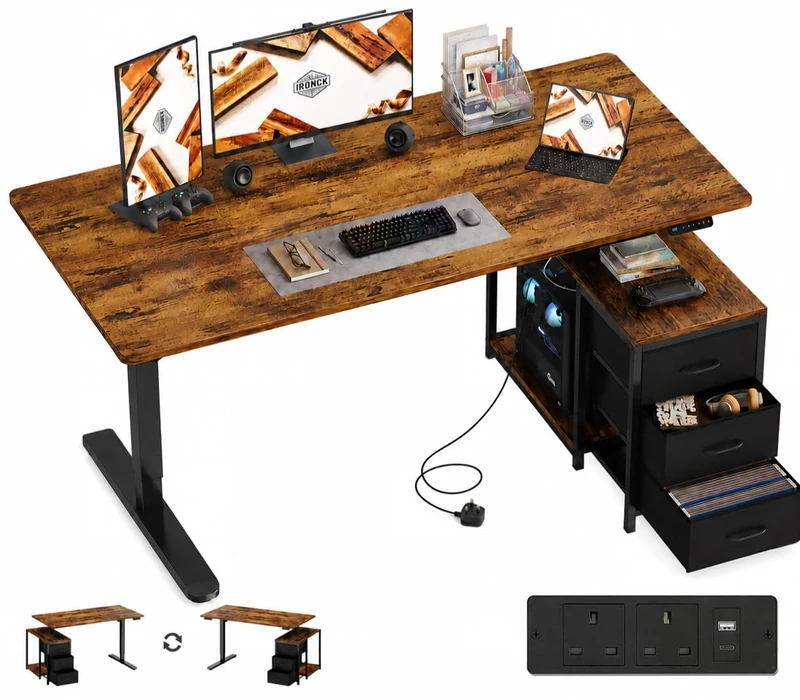 IRONCK Electric Standing Desk 180x80cm with Power Outlet & 3 Drawers,Brown
